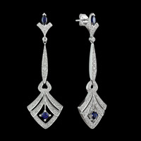 18k White gold, Blue sapphires and Diamond Art Deco Drop Earrings