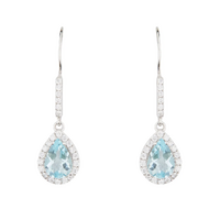 Art Deco Pear Shaped Drop Earrings offered in Blue Topaz, paired with Cubic Zirconia and Sterling Silver