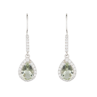 Art Deco Pear Shaped Drop Earrings offered in Green Amethyst paired with Cubic Zirconia and Sterling Silver