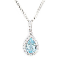 Art Deco Pear Shaped Pendant Necklace in Cubic Zirconia, Stirling Silver with Blue Topaz center