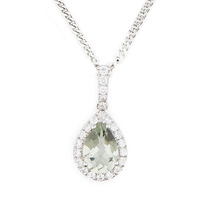 Art Deco Pear Shaped Pendant Necklace in Cubic Zirconia, Stirling Silver with Green Amethyst center