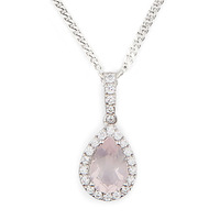 Art Deco Pear Shaped Pendant Necklace in Cubic Zirconia, Stirling Silver with Rose Quartz center